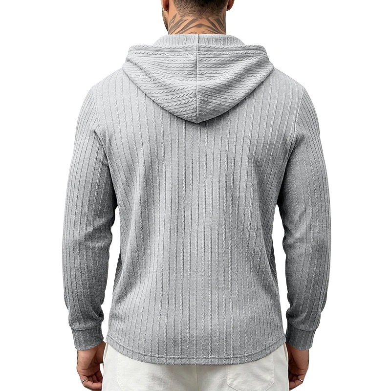 Men's Single-Piece Ribbed Henley Hoodie with Three-Button Half Placket, Long Sleeves, Casual Everyday Home Sweatshirt