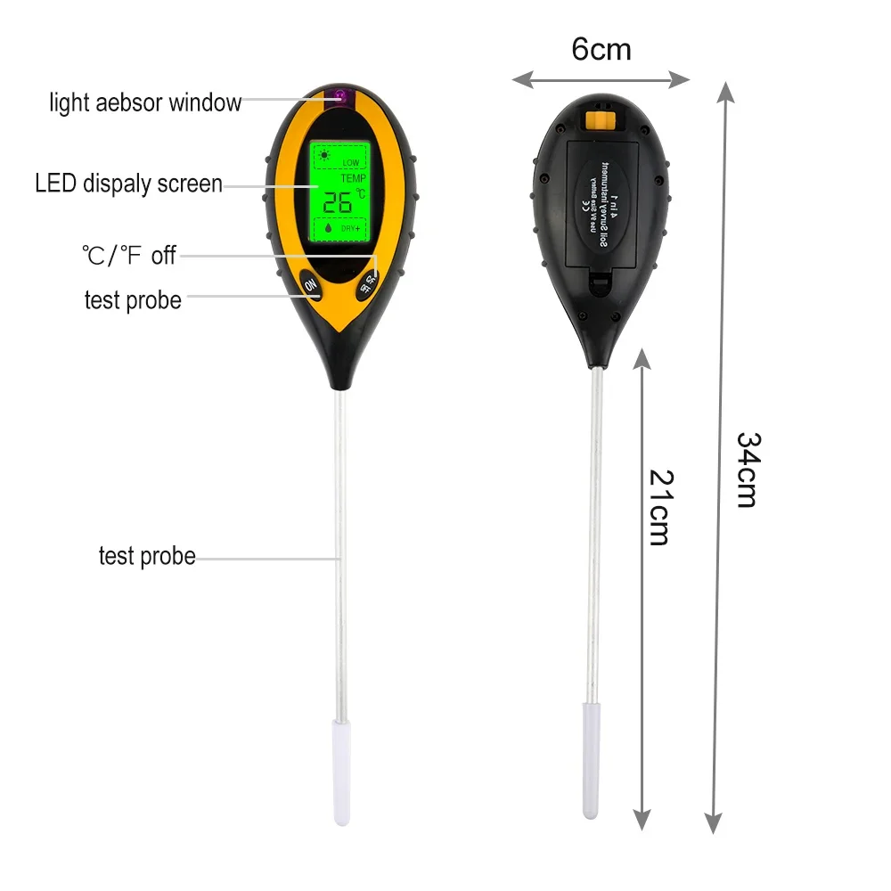 4 In 1 Digital Soil PH Meter Moisture Monitor Temperature Sunlight Tester For Gardening Plants Farming With Blacklight