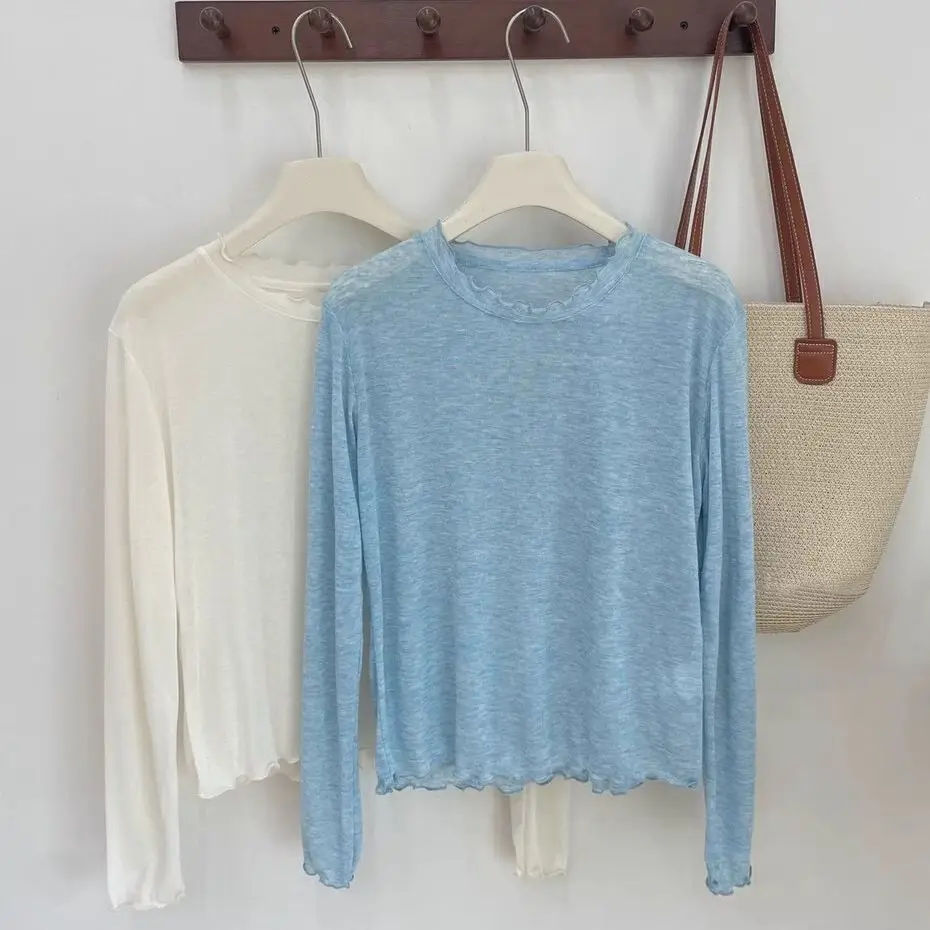Korean Style Sweet Soft round Neck Long Sleeve T-Shirt Women's Thin Loose Fit Slimming Versatile Sun Protection Top