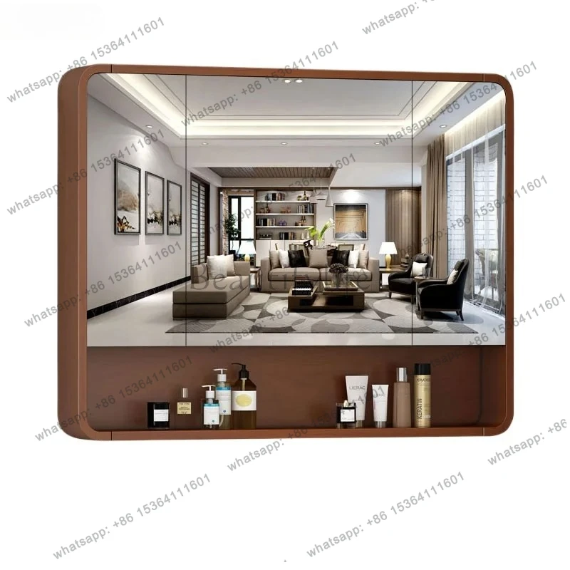 solid wood paint bathroom mirror cabinet wall-mounted smart mirror with rack bathroom cosmetic storage mirror
