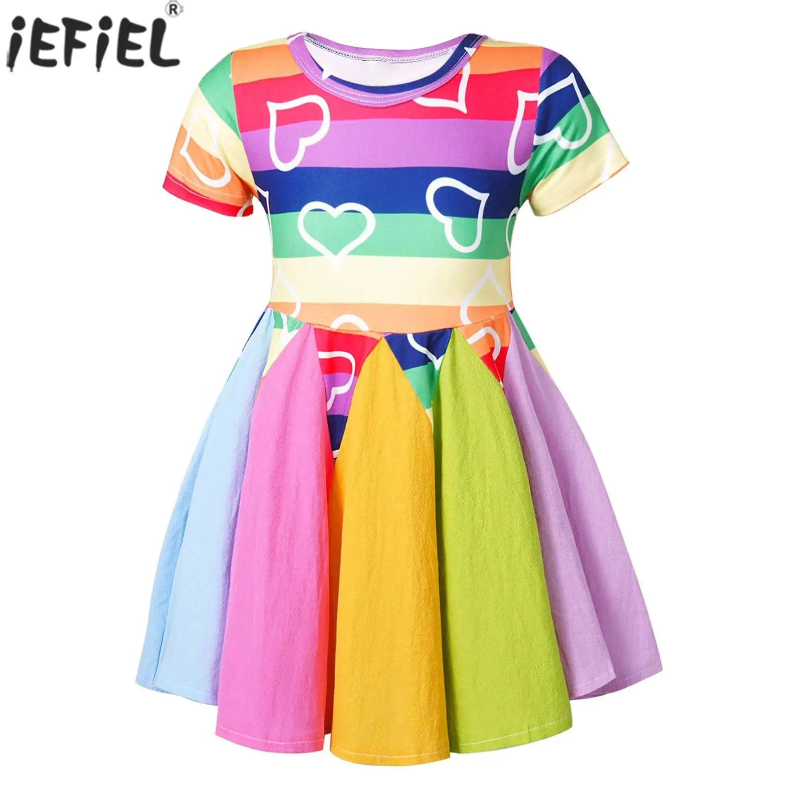 

Little Girls Clothing Colorful Short Sleeve Round Neck Cartoon Heart Print Dress Kids Casual Daily Wear Girls Performance Dress