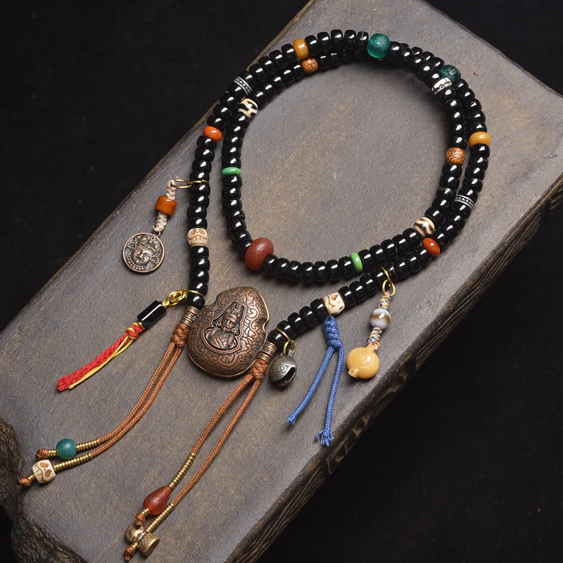 NaturalCoconut Shell 108pcs Buddha Agate Dzi BeadsYak Bone Handcrafted Mala Prayer Beads Bracelet NecklaceReligious Jewelry Gift
