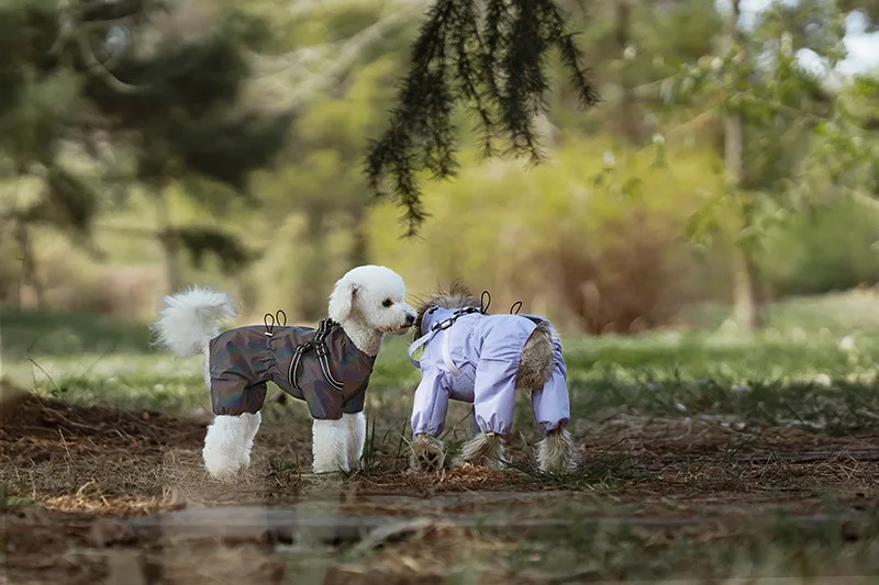 Hunderegenmantel mit Geschirr, wasserdichte Haustier-Regenjacke für kleine Hunde, verstellbarer, reflektierender Hunde-Regenoverall mit 4 Beinen – Detail 11