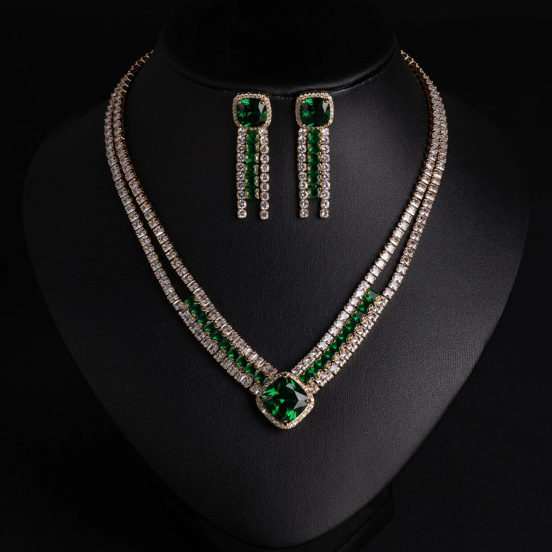 Heavy Intricate Square Gemstone Necklace Set Full Zircon Micro-Pave Light Luxury Banquet Winter Jewelry for Women