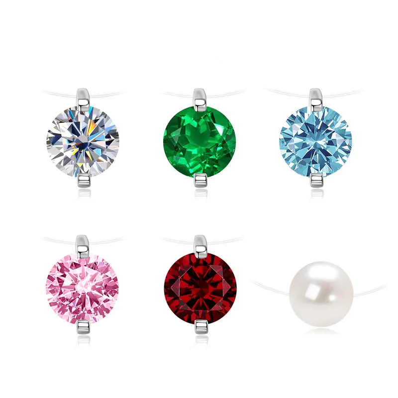 

Lnngy 925 Sterling Silver Transparent Fishing Line Chain Necklace 8mm 2CT Solitaire Moissanite Zircon Pendant Necklace For Women