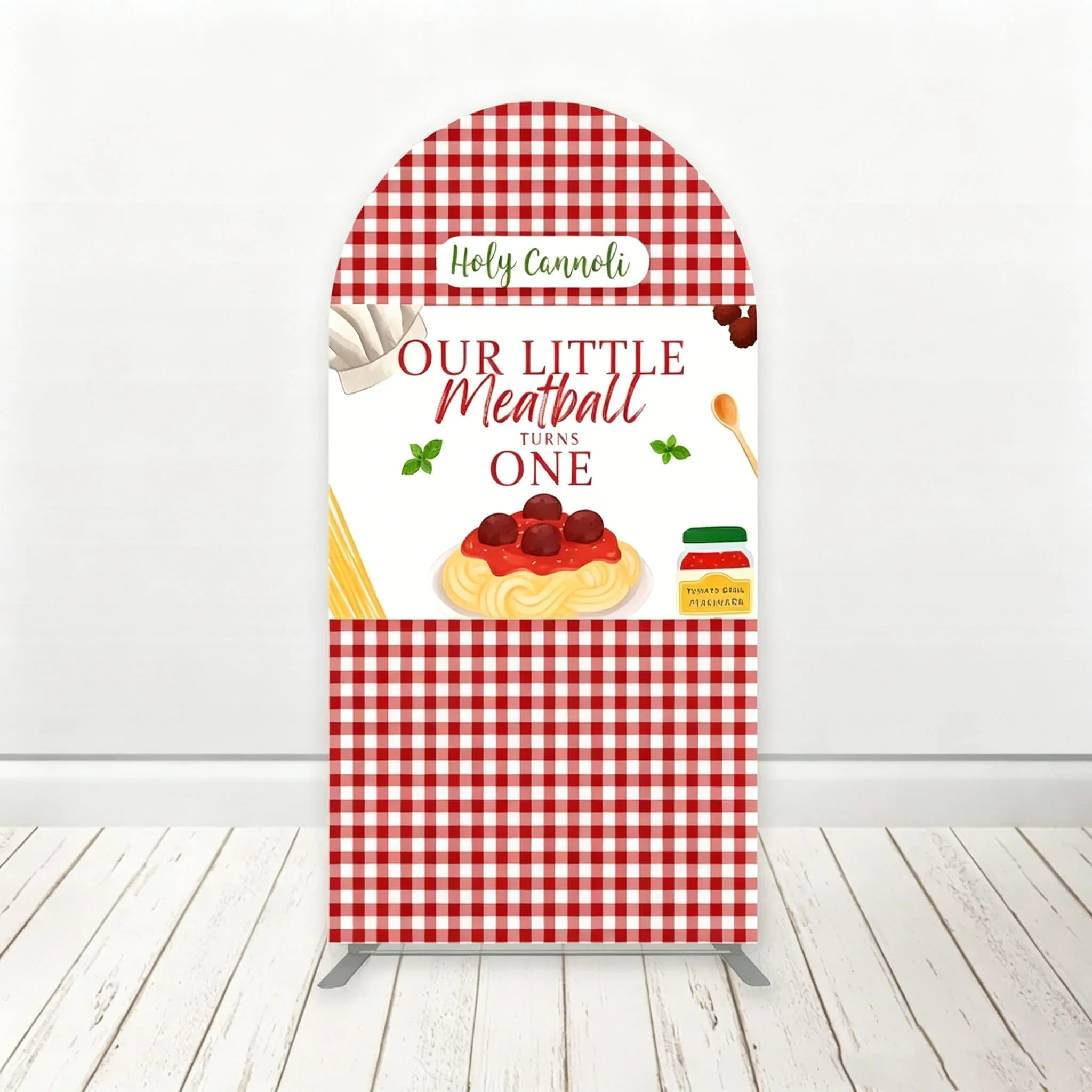 Custom 2-Side Little Meatball Baby Shower Arch Backdrop Cover Red and White Squares Diy Name Age Birthday Party Decor Backdrop