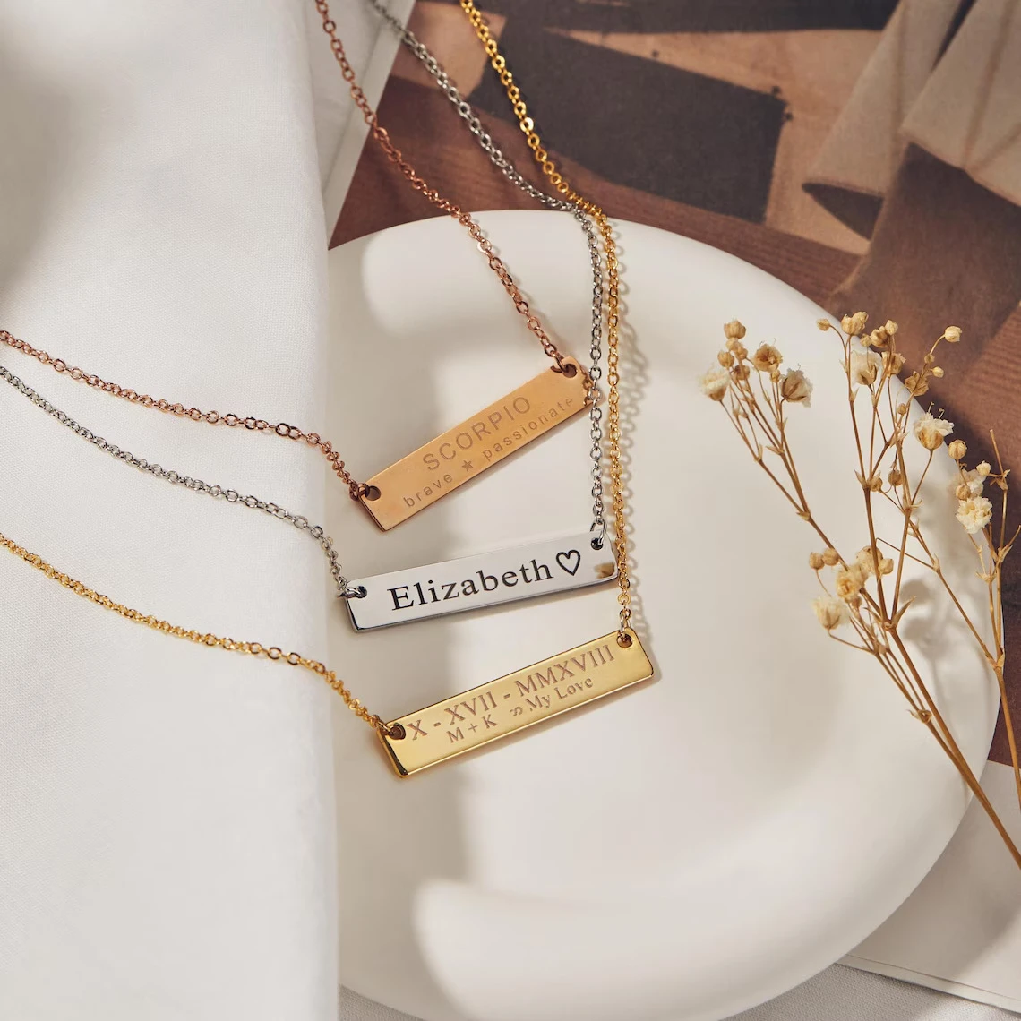 Engraved Titanium Steel Stainless Steel Pendant Necklace European And American English Surname Name Letter Long Rectangular Plaq