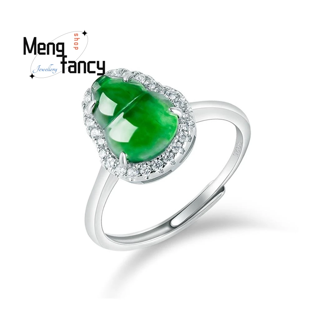 

S925 Silver Inlaid Natural A-goods Jadeite Gourd Yang Green Ice Jade Ring Adjustable High-grade Elegant Luxury Quality Jewelry