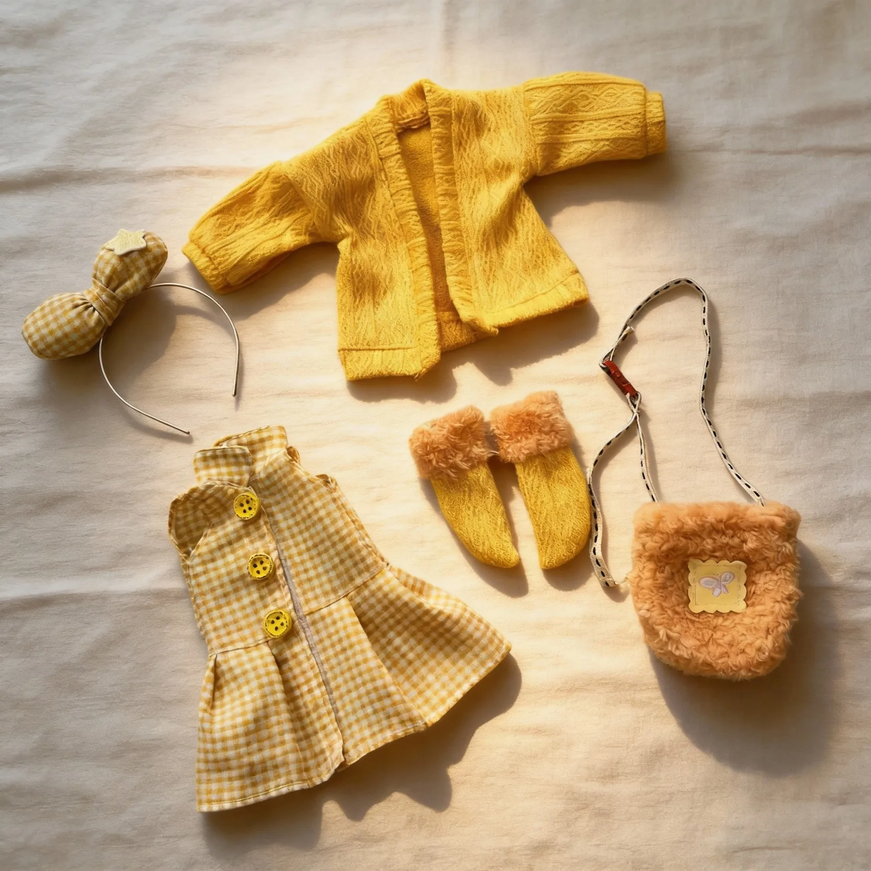 Conjunto de Ropa para Muñeca BJD de 30 cm 1/6 (Solo Ropa, Sin Muñeca) Vestido a Cuadros Amarillo, Cárdigan de Punto, Diadema con Lazo, Bolsa, Calcetines, Atuendo Estilo Cottagecore