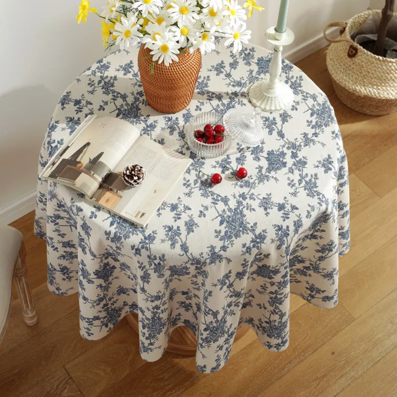 Small round table cloth ins wind cotton linen blue printed tablecloth retro blue flower tea several covers