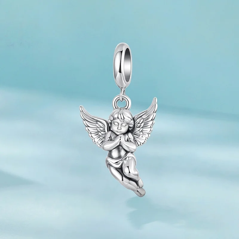 BOCAI NEW S925 Sterling Silver Pendants for Men Women Creative Cupid Wings Angle Cute Little Bear Charm Fine Choice Jewelry