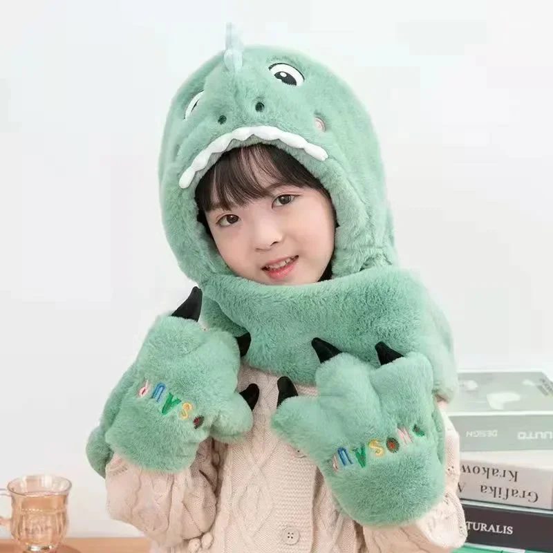 New Children\'s Cartoon Dinosaur Hat Winter Padded and Thickened Warm Plush Scarf Hat Gloves Scarf Warm Three-piece Set