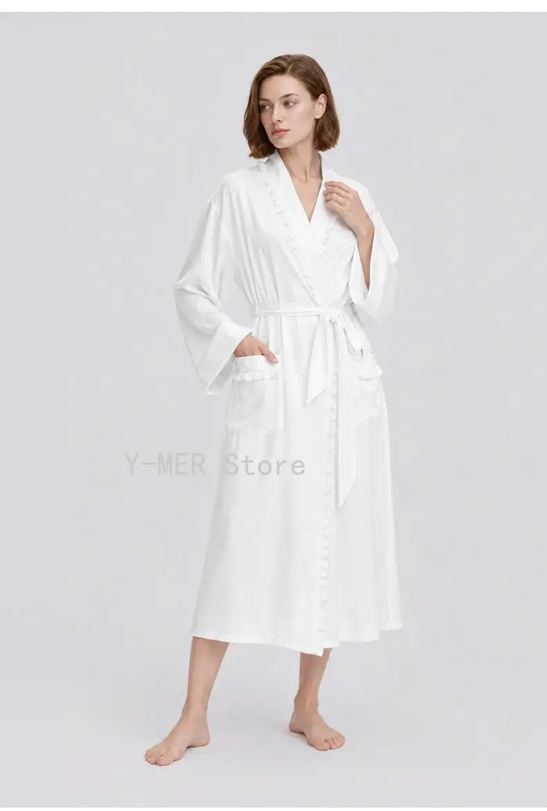 Ruffle Trim Bathrobe with Double Pockets New Spring Autumn Women Long Sleeve Robe, Satin Chiffon Long Gown Sleepwear