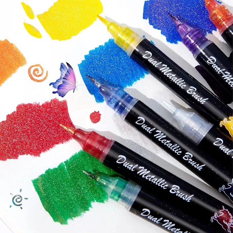 

9Colors Metallic Markers Pens Dual Bling Shiny Brush Pen Press Type for Paper Glass Rock Painting DIY Scrapbook Album Stationery