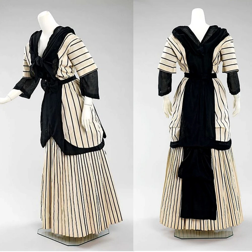 

Черное полосатое послеобеденное платье 1910-х годов, женский готический стимпанк, костюм для приема в стиле регентства, колониальное бальное платье для ухода за гражданской войны