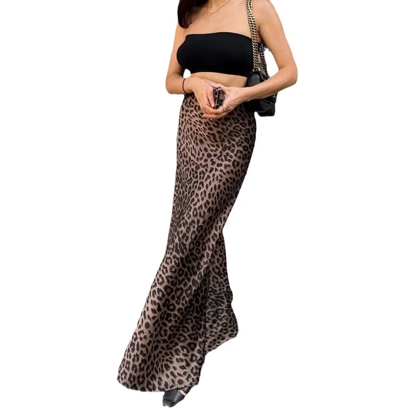 

Elegant Leopard Print Trumpet Maxi Skirts Female Street Chic High Waist Long Skirt Autumn Slim Zipper Skirts Women