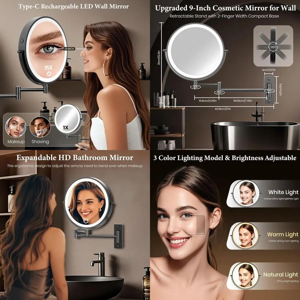 17 wandmontierter LED-beleuchteter Schminkspiegel, schwarzes Nickel, 1-fache/20-fache Vergrößerung, 3-farbig verstellbares Licht, 5000 mAh wiederaufladbar, 360 °