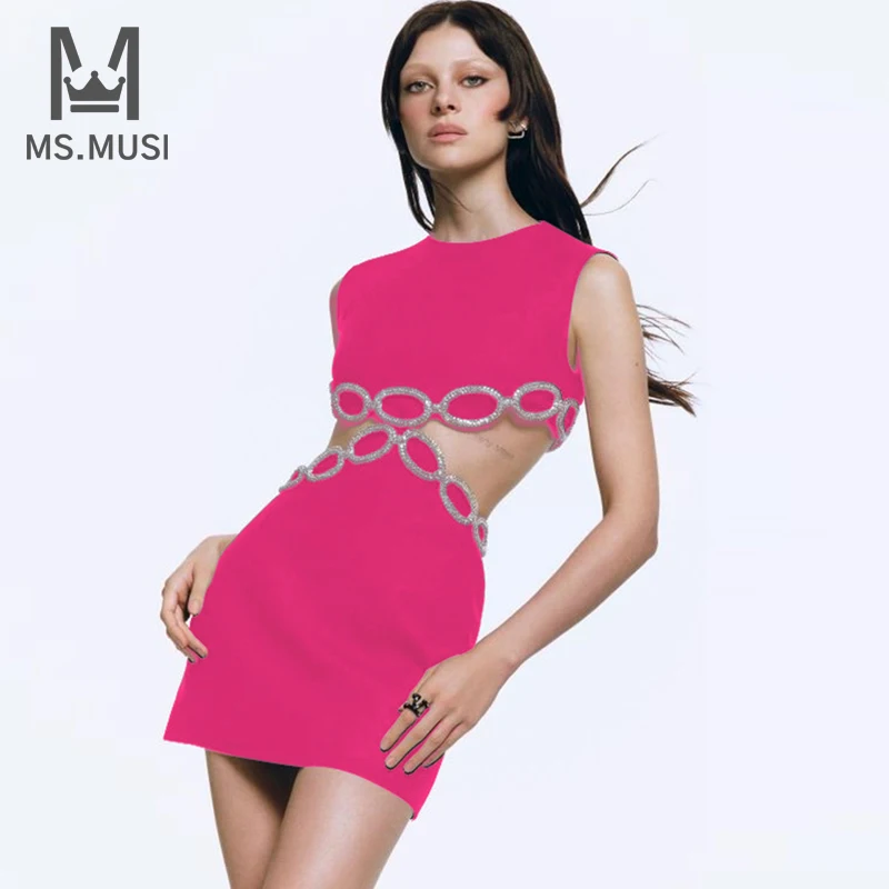 

MSMUSI 2024 New Fashion Women Sexy Diamond Crystal Sequins Hollow Out Backless Sleeveless Bodycon Party Club Mini Dress Vestidos