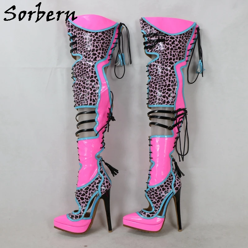 Sorbern Hot Pink Mid Thigh High Leopard Boots Women High Heel Pointed Toe Hollow Out Rear Lace Up Rubber Sole Summer Shoes