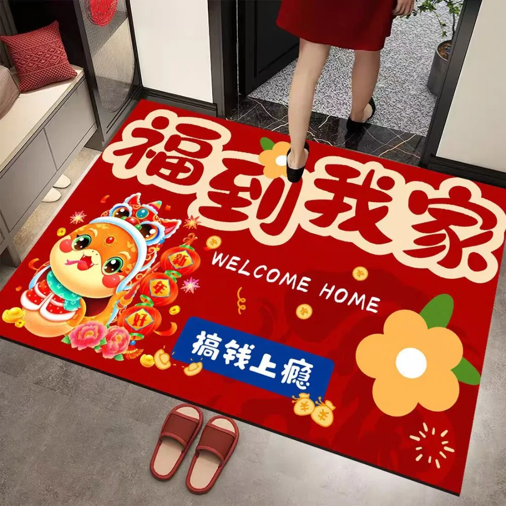 Good Blessing 40x60cm New Year Floor Mat Cartoon Snake Crystal Velvet Feet Mat Housewarming Anti Slip Carpet Chinese New Year