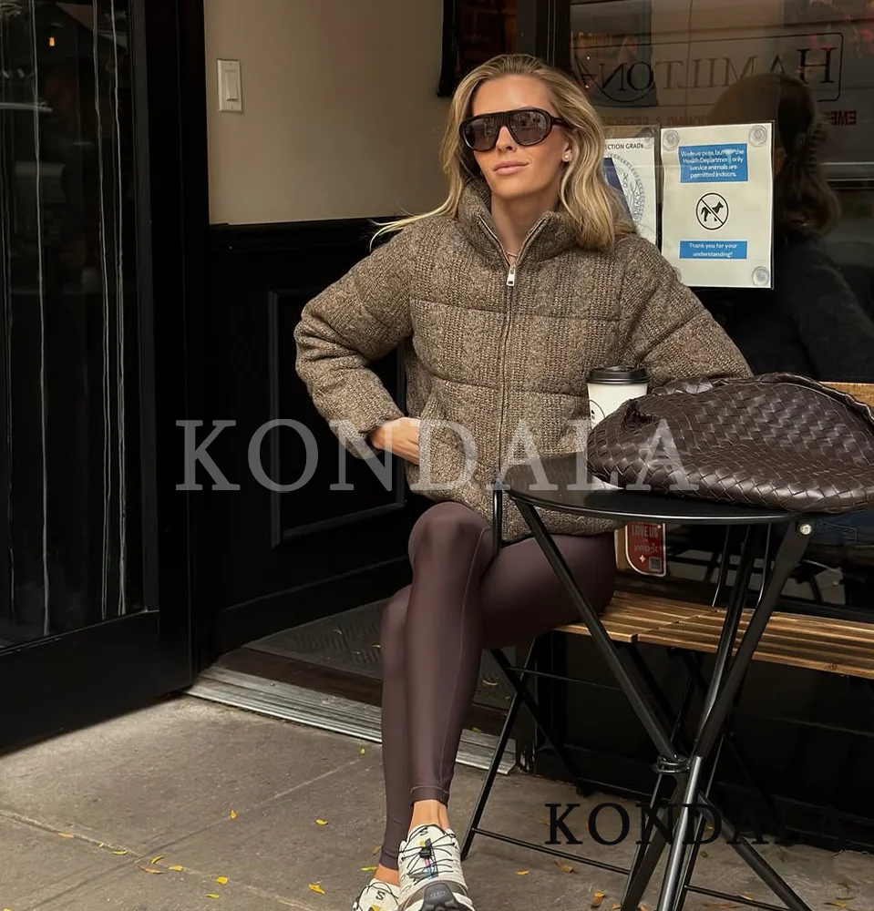 KONDALA Knitted Stand Collar Padding Jacket Women's Thickened Thermal Slim Zipper Jacket 2025 Fashion Vintage Casual Lady Jacket