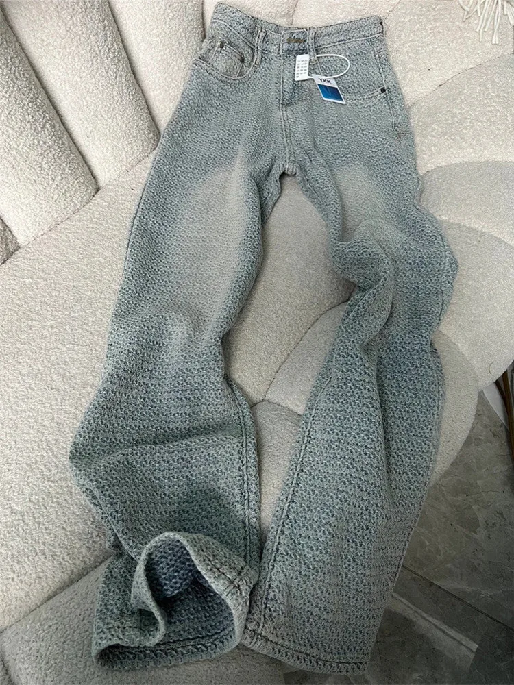 

American Style Retro Floral Texture Light Color Wide Leg Jeans Women's Summer High Waist Slim Straight Floor-Length Pants