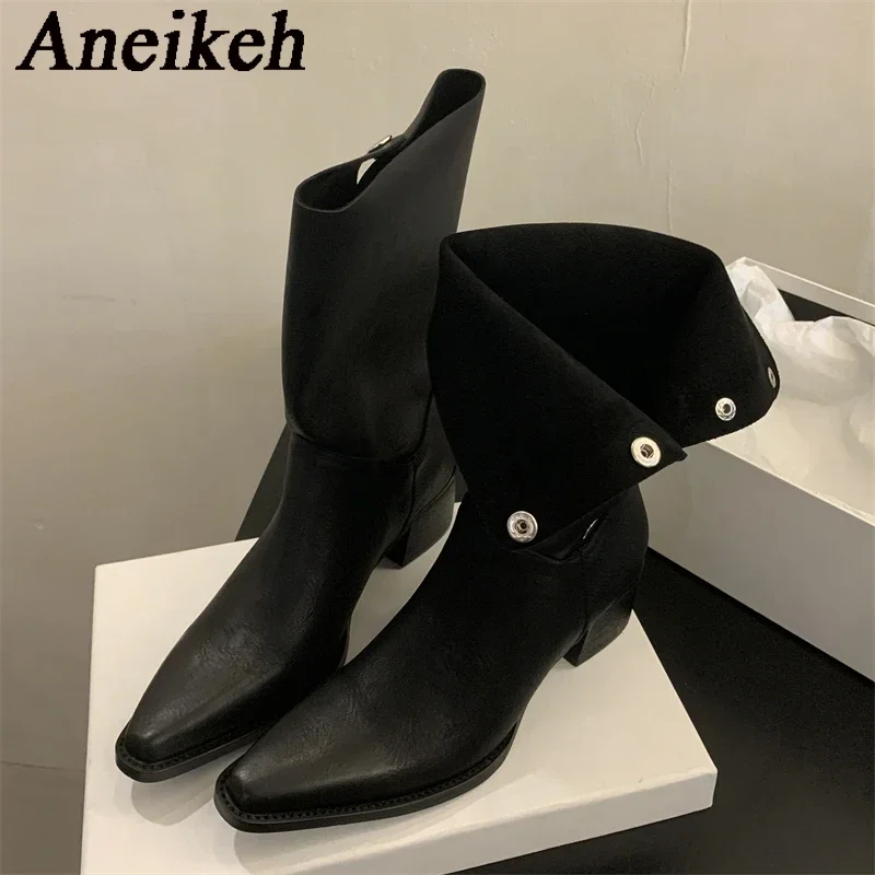 Aneikeh 2025 NEW Autumn PU Turned-Over Edge Mid-Calf Boots Solid Women Shoes Pointed Toe Square Heel Leisure Women Boots Shallow