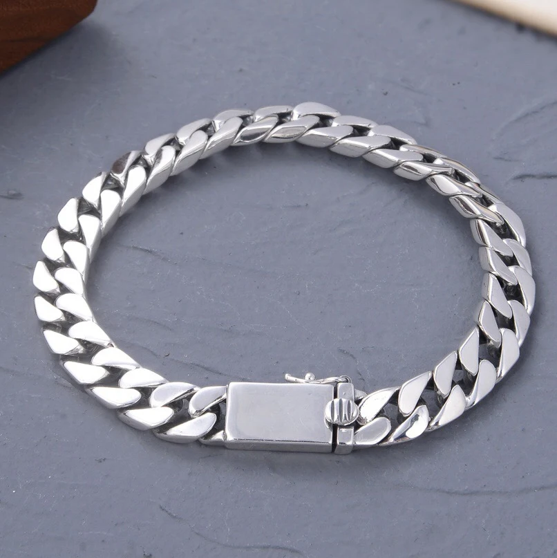 

Real 925 Sterling Silver Bracelet For Men Women Vintage Handmade Curb Link Plug Safety Buckle Pure Silver Jewelry Stamp S925
