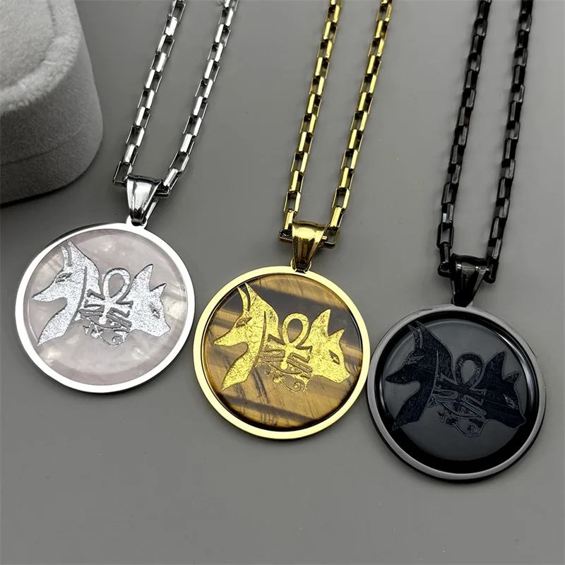 Anubis Dog Cat Egyptian Ankh Cross Necklace for Women Men Stainless Steel Eye of Horus Natural Stones Chain Necklaces Jewelry