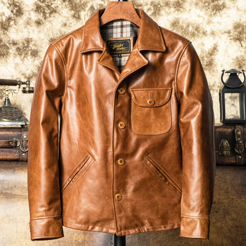 Classic Revival Top Layer Cowhide Leather Biker Jacket Men's Workwear Short Fit Autumn Winter Outerwear Single Button Closure