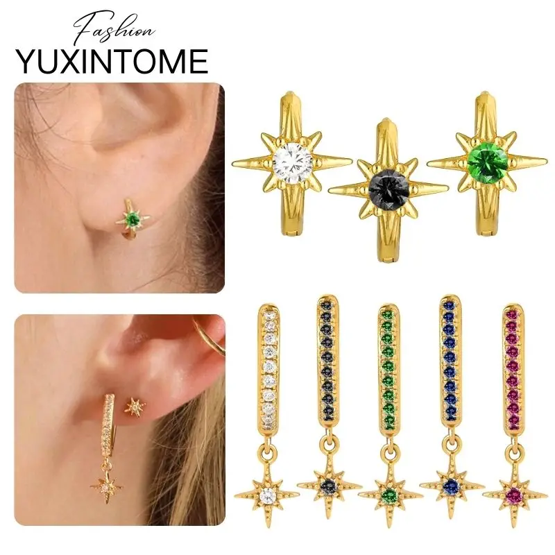 

925 Sterling Silver Ear Needle Eight-Pointed Star Pendant Earrings Colorful Zircon Hoop Earrings for Women Party Fashion Jewelry