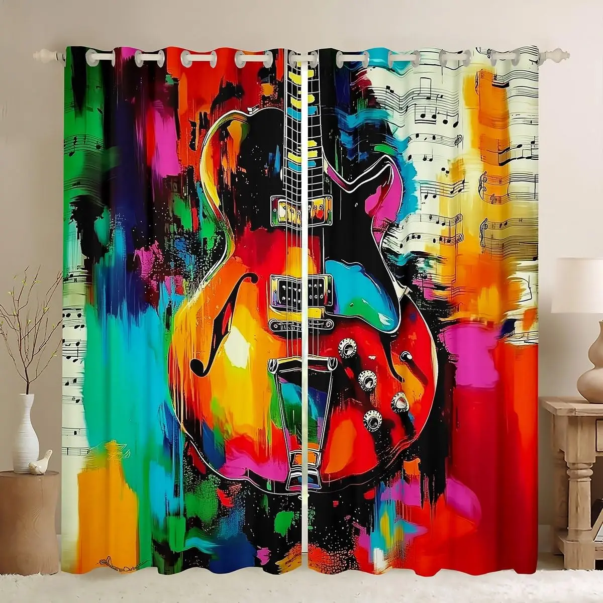 Vibrant Graffiti Guitar & Musical Note Blackout Curtains, Rock Art Thermal Insulated Window Drapes for Bedroom and Music Room