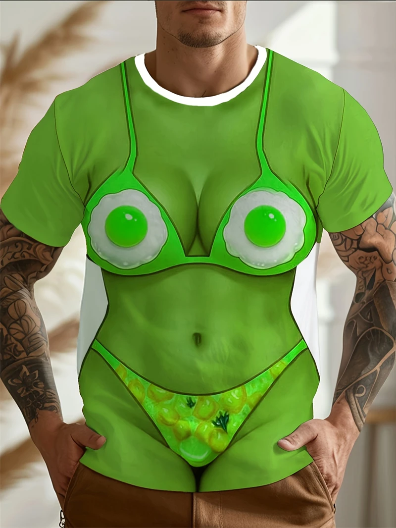 Novelty Full Print Men's Shirt With "Egg Bikini And Bacon Thong" Humor Graphic Shirts For Man Casual Fashion Tshirt Clothing