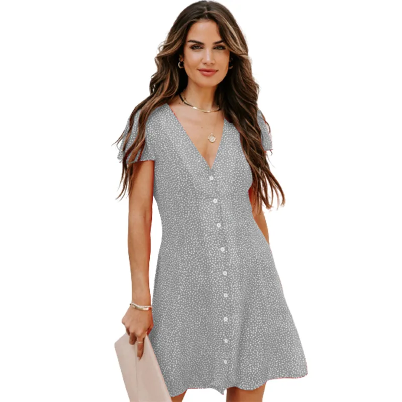 Women\'s fashion 2024 summer polka dot short-sleeved dress V-collar button dress women\'s wear