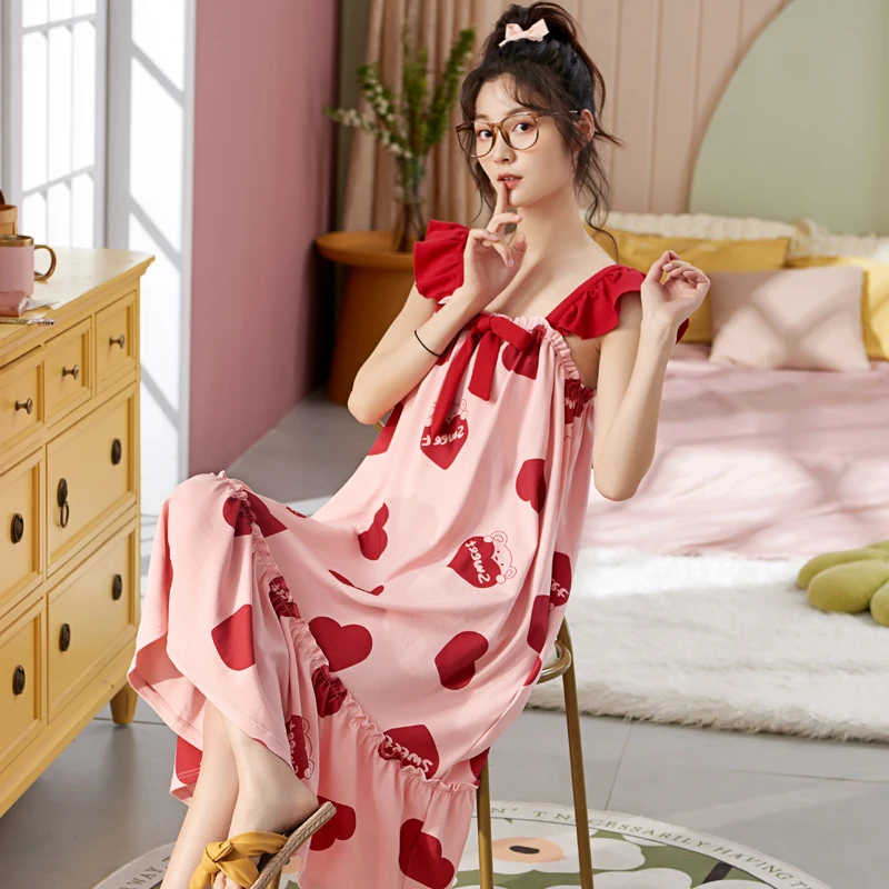 Plus Size Nightdress Women Cotton Sleepwear Cute Cartoon Nightgowns Female Cute Thin Loose Sweet Casual Nightwear Girls Summer