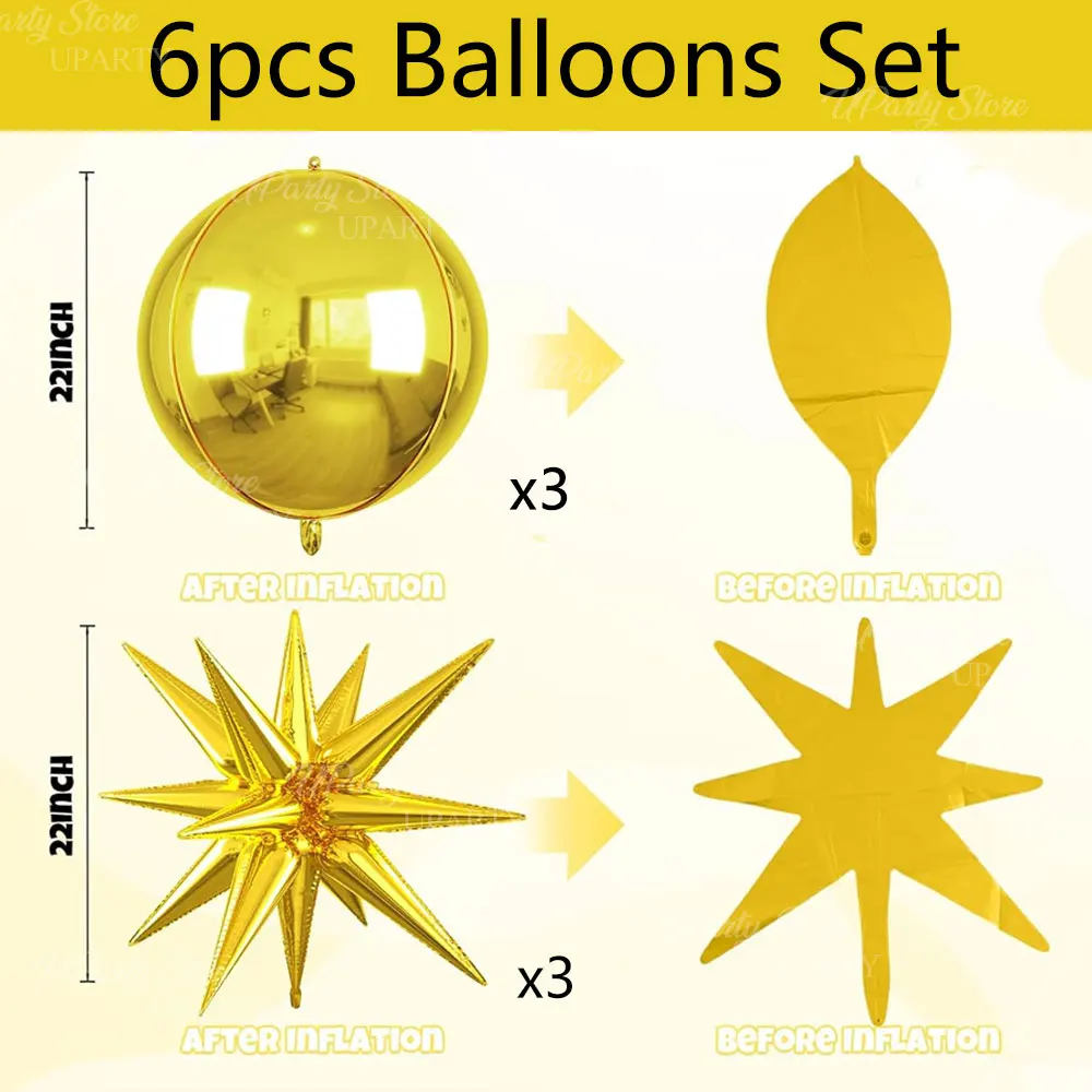 6 Stück Goldstern-Geburtstagsballons, 55,9 cm, 4D, rund, Helium, Globo Starburst Sterne, Folienballons für Hochzeitstag, Party-Dekoration – Detail 2