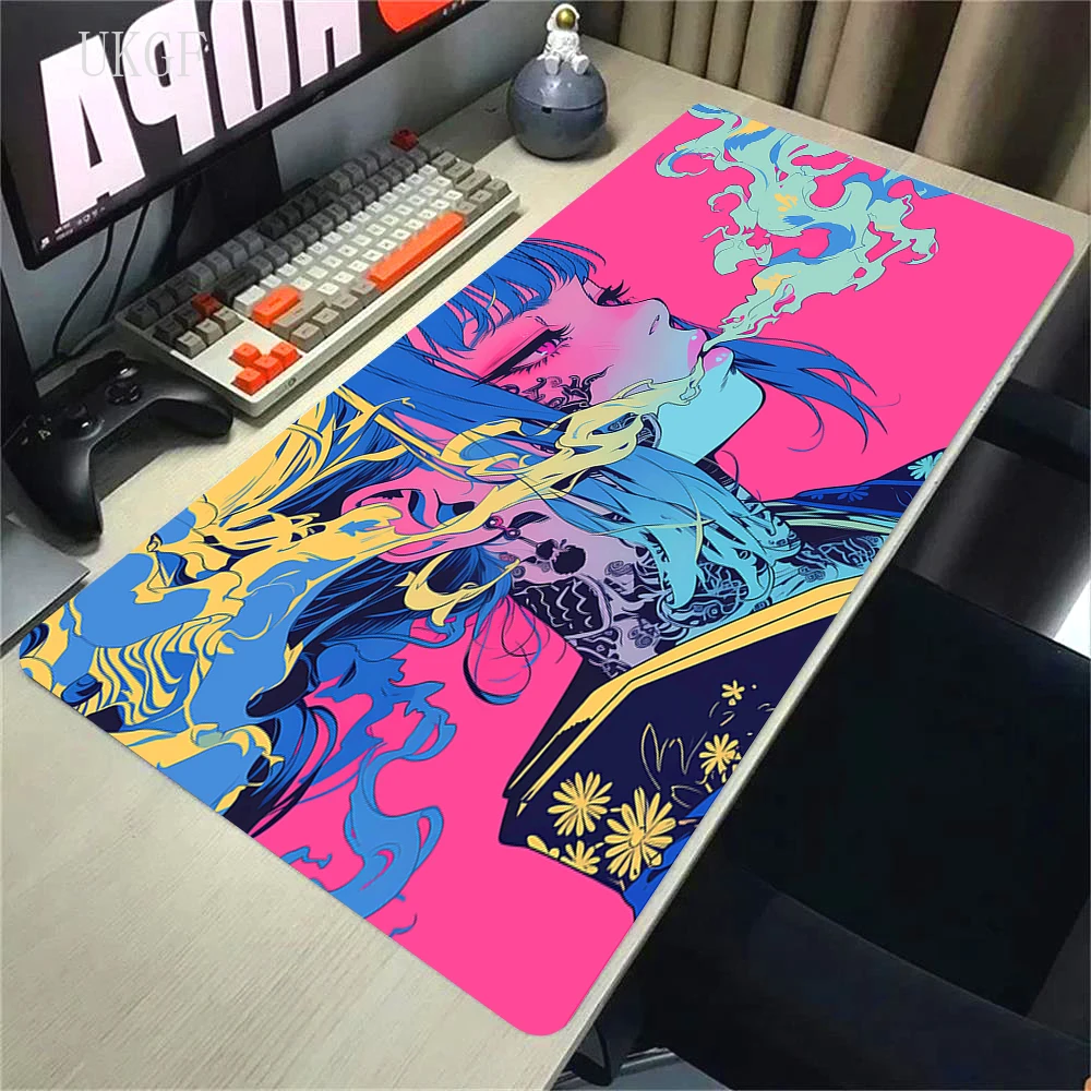 Anime Girl And the black cat Gaming Mouse Pad XXL Office Accessories Computer Keyboard Desk Mat Non-Slip Laptop Red Big Mousepad