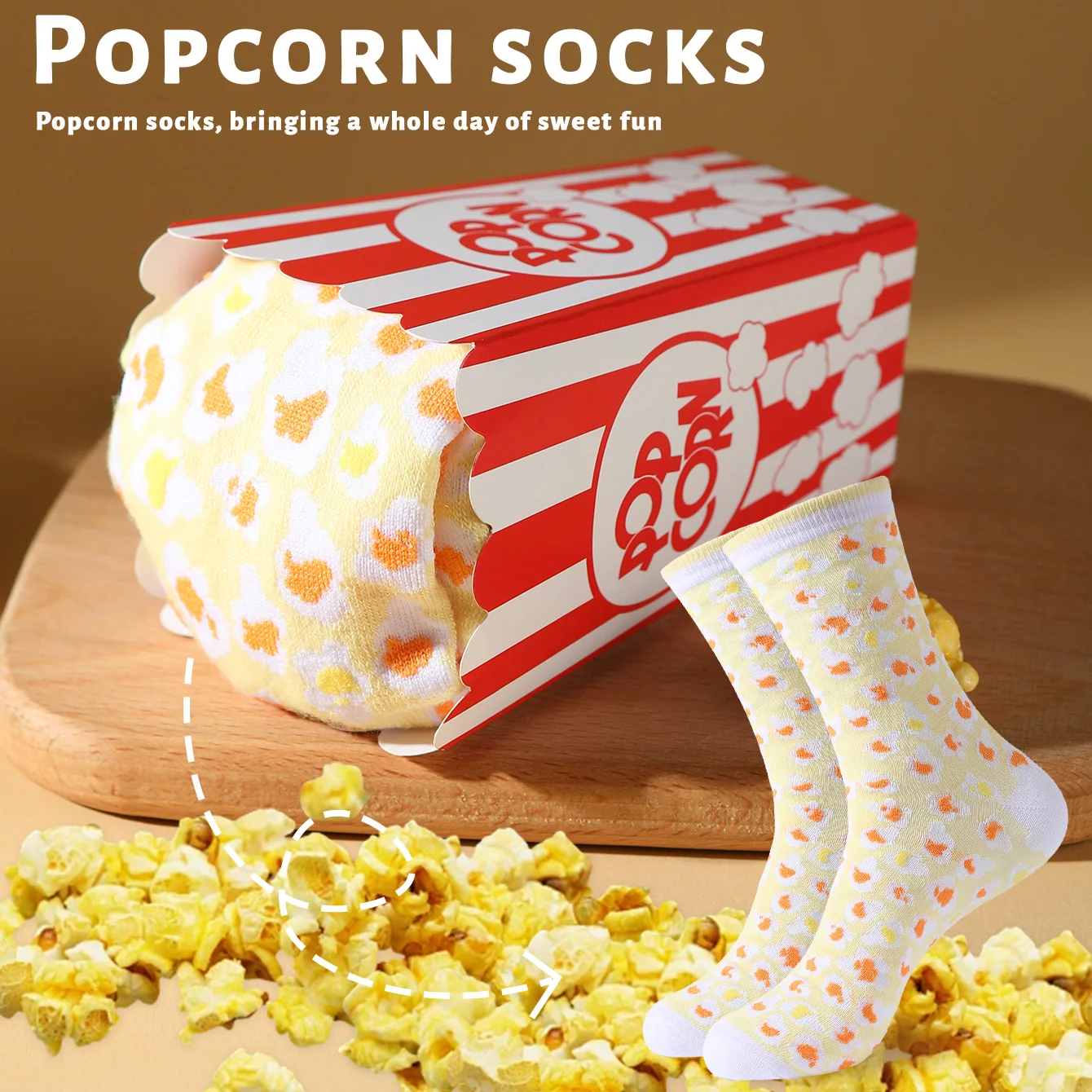 1 Pair of Unisex Mid-Calf Socks, Novelty and Fun Popcorn Gift Box Socks, Creative Socks, Fashionable Style, Comfortable and Breathable, Suitable for Parties, Casual Wear, Valentine's Day, Halloween, Birthdays, Christmas, New Year, Thanksgiving, Autumn and Winter, All-Season Styles, Creative Gift Box