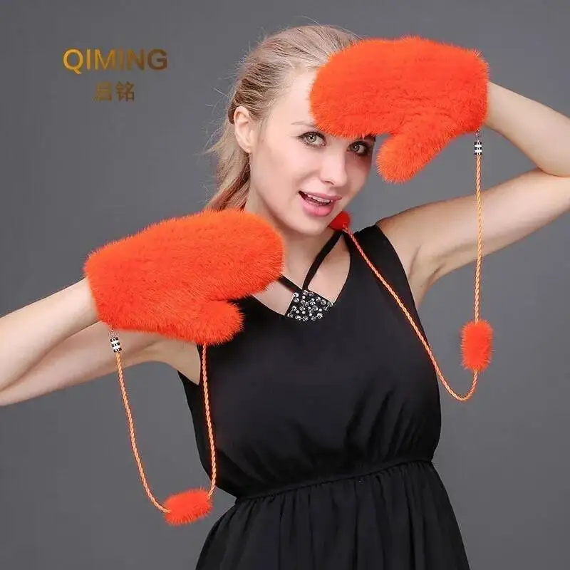 100% Mink Fur Gloves Women Winter New Korean Version Of The Warm Cute Female Suede Weaving Fingers Fur Gloves