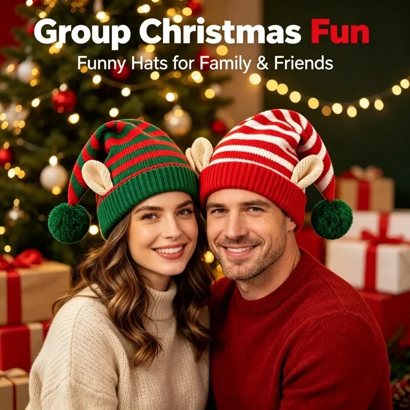Bonnet de Lutin Rayé avec Oreilles et Pompon – Rouge, Vert ou Blanc – photo 3