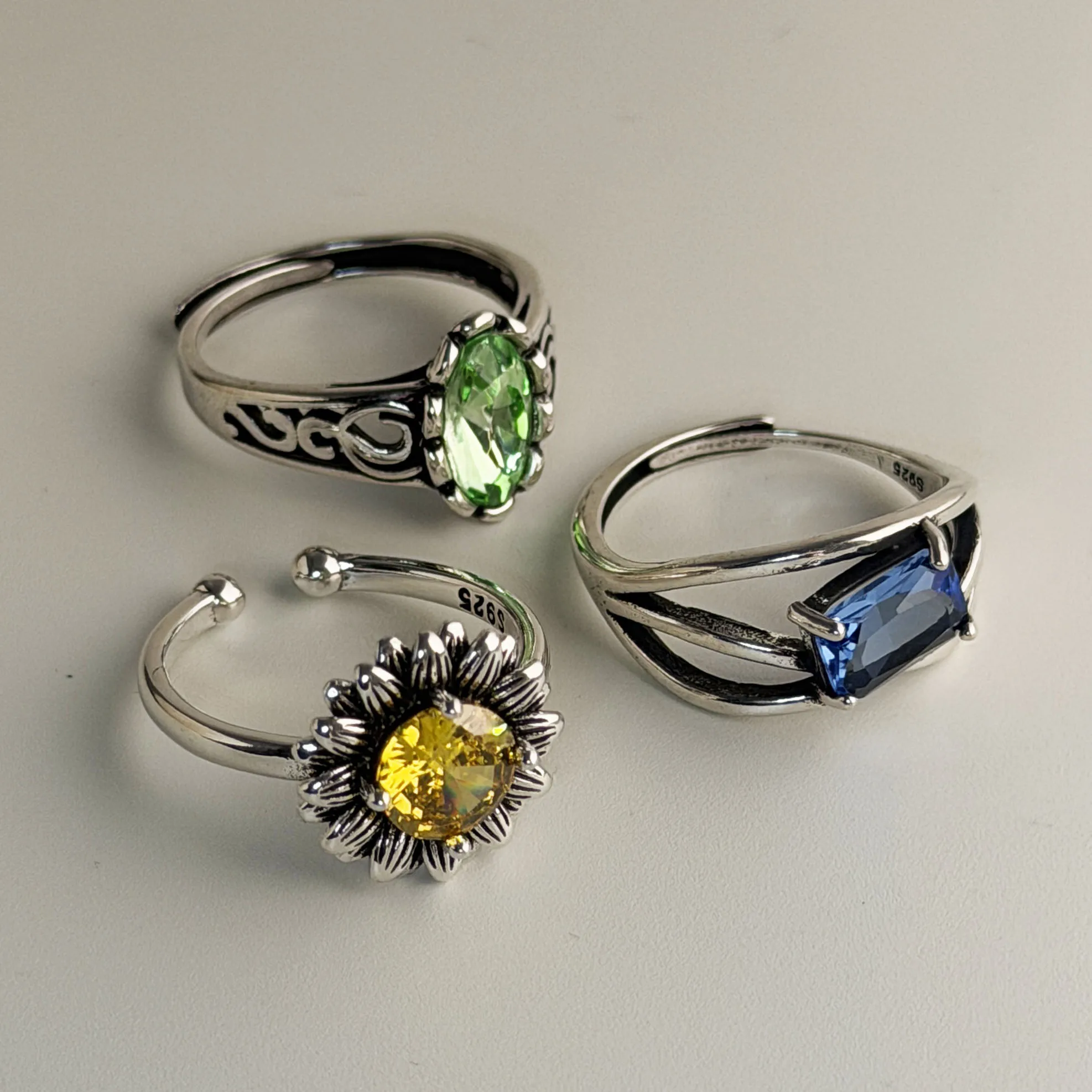 BF CLUB 925 Sterling Silver Ring For Women Jewelry Retro Green Stone Open Vintage Handmade Ring Allergy For Party Birthday Gift