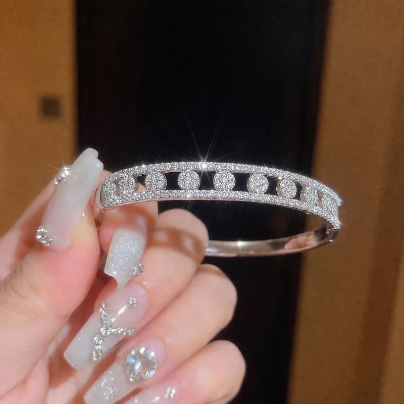 Exquisite Sparkling 925 Sterling Silver Hollow Openwork Round Cluster Zircon Hinged Bangles for Women Stackable Bracelet Jewelry