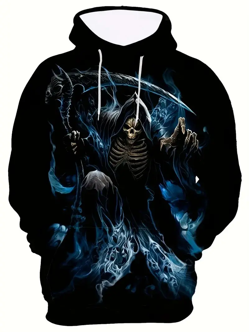 

Men's Stylish Skull Graphic Hoodie, Active Slightly Stretch Breathable 3D Print Hooded Shirt, Men's Clothing For Outdoor,Autumn