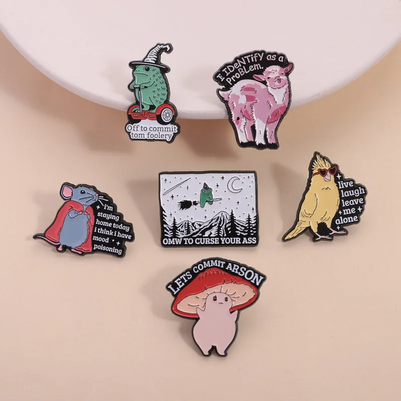 6pcs Fun Cartoon Animal Plant Mushroom Letters Enamel Brooch Creative Wacky Lapel Pin Metal Badge Jewelry Gift for Kid Friend
