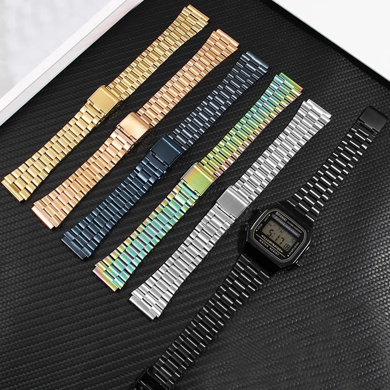 CASIO 시계 밴드 용 스테인레스 스틸 스트랩 F91W F84 F105 F108 A158 A168 AE1200/1300 B650 AQ230Men 금속 초박형 스트랩 용 18mm