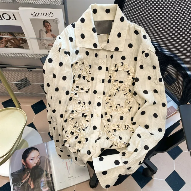 

Y2k Aesthetic Fashion Wave Point Ruched Blouses Spring Autumn Vintage Long Sleeve Shirt Women 2025 New Lapel Neck Tops Mujer