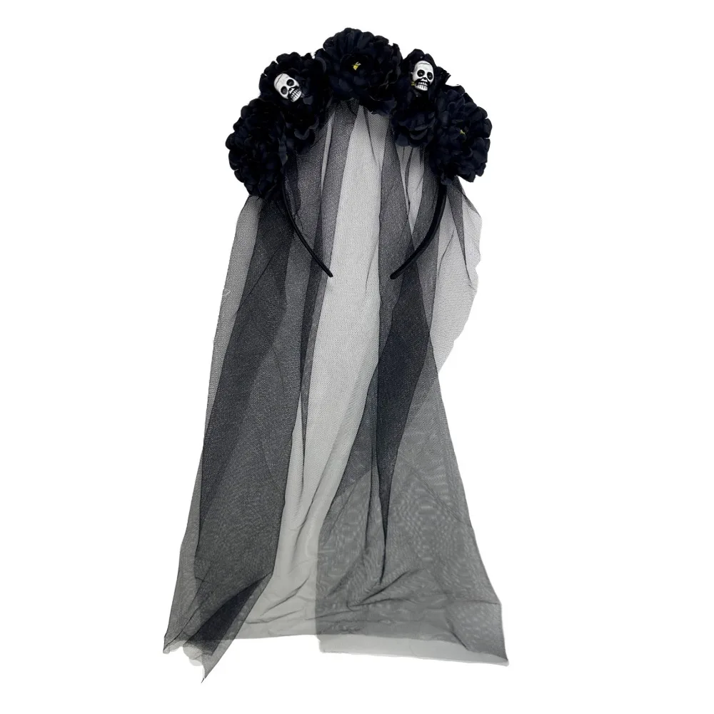 

Long Ribbon Veil Halloween Hair Band Skull Design Girls Day of The Dead Flowers Headdress Red Rose Floral Gothic Head Hoop