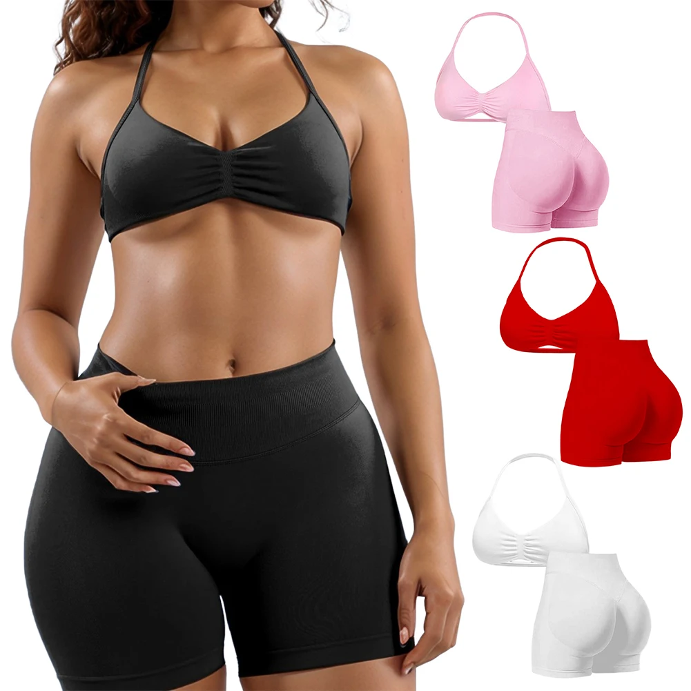 Sportliches Yoga-Set für Damen, nahtloses Workout-Neckholder-Weste-Shorts, eng anliegendes Fitnessstudio-Set, hohe Elastizität, atmungsaktiv, schnell trocknend