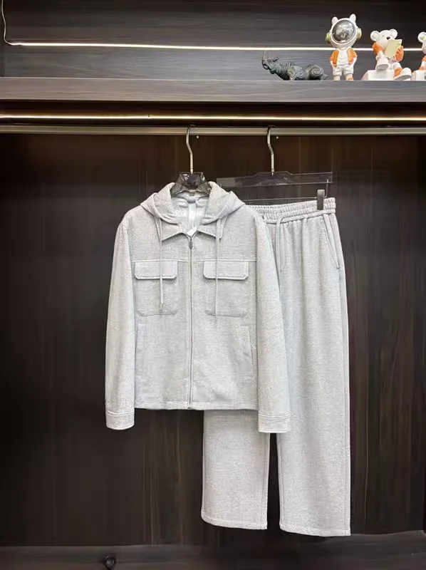 Italian Vintage Luxury Men's Fashion Set with Zipper Straight Leg Pants And Hooded Jacket Two-Piece Suit Autumn Season