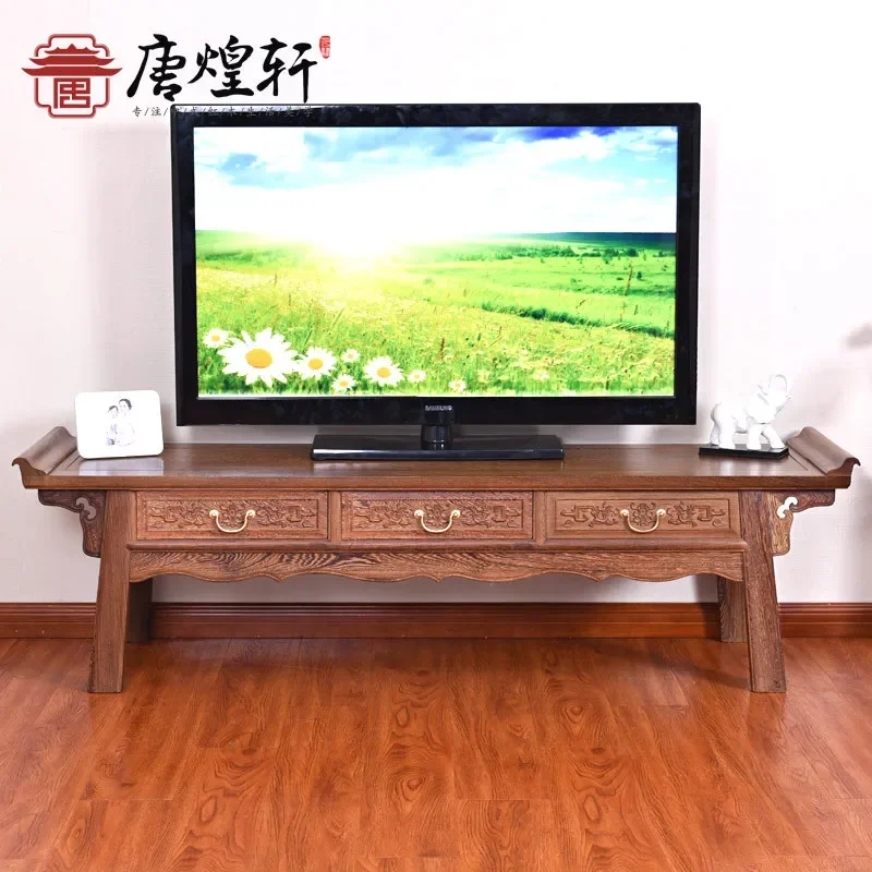 For Living Room Chinese Antique Mahogany Solid Wood TV Cabinet Low Floor Storage Console Furniture Wing Wood Log Style